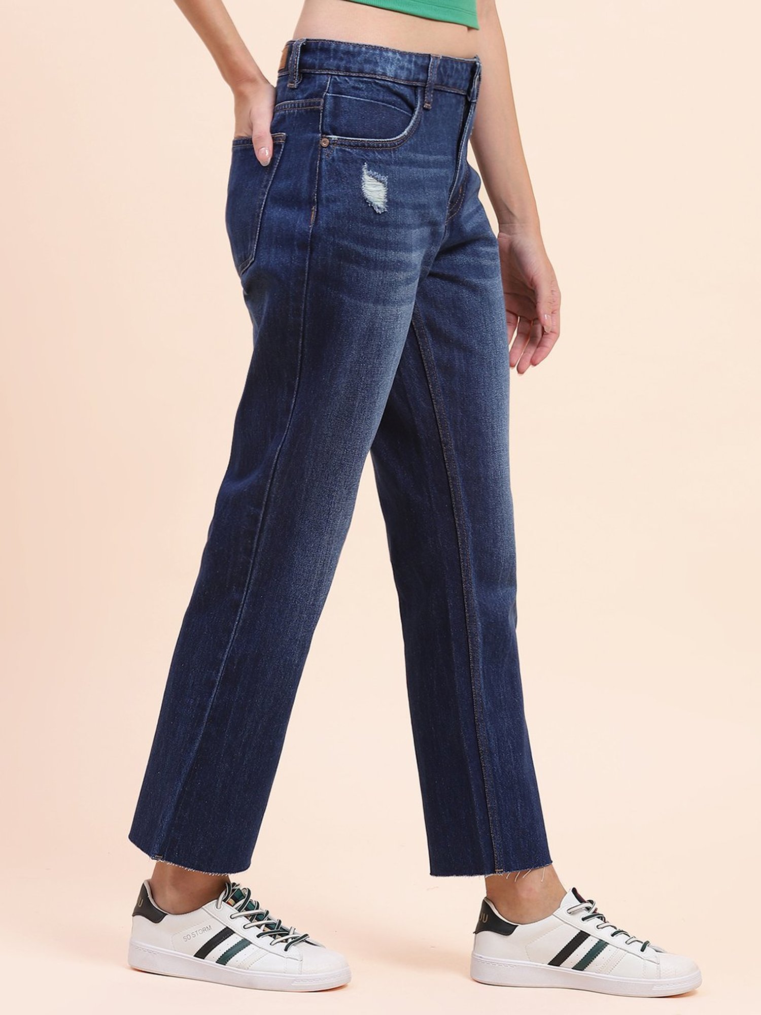 Camla Dark Blue Cotton Distressed Regular Fit Mid Rise Jeans