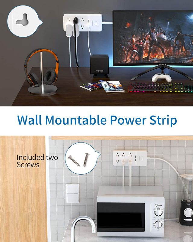 Surge Protector Power Strip with USB - NTONPOWER Flat Plug Extension Cord 5FT, 6 Outlets 2 USB Desktop Charging Station, ETL Listed, 15A Circuit Breaker, Wall Mount for for Home and Office - White