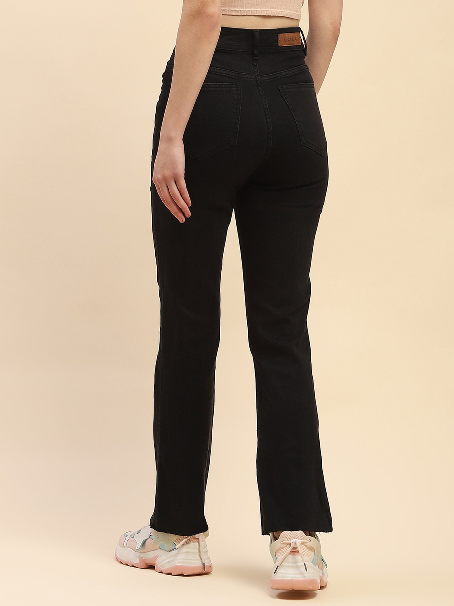 Camla Black Cotton Straight Fit Mid Rise Jeans