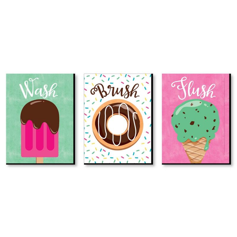 Big Dot of Happiness Sweet Shoppe - Kids Bathroom Rules Wall Art - 7.5 x 10 inches - Set of 3 Signs - Wash, Brush, Flush