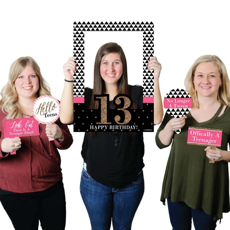 Big Dot of Happiness Chic 13th Birthday - Pink, Black and Gold - Birthday Party Selfie Photo Booth Picture Frame & Props - Printed on Sturdy Material