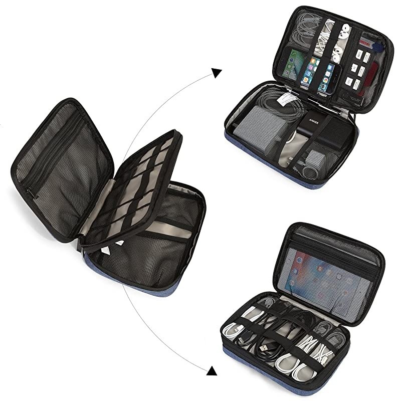 Electronic Organizer DoubleLayer Travel Cable Organizer Electronics Accessories Cases for Cables iPhone Kindle USB Blue