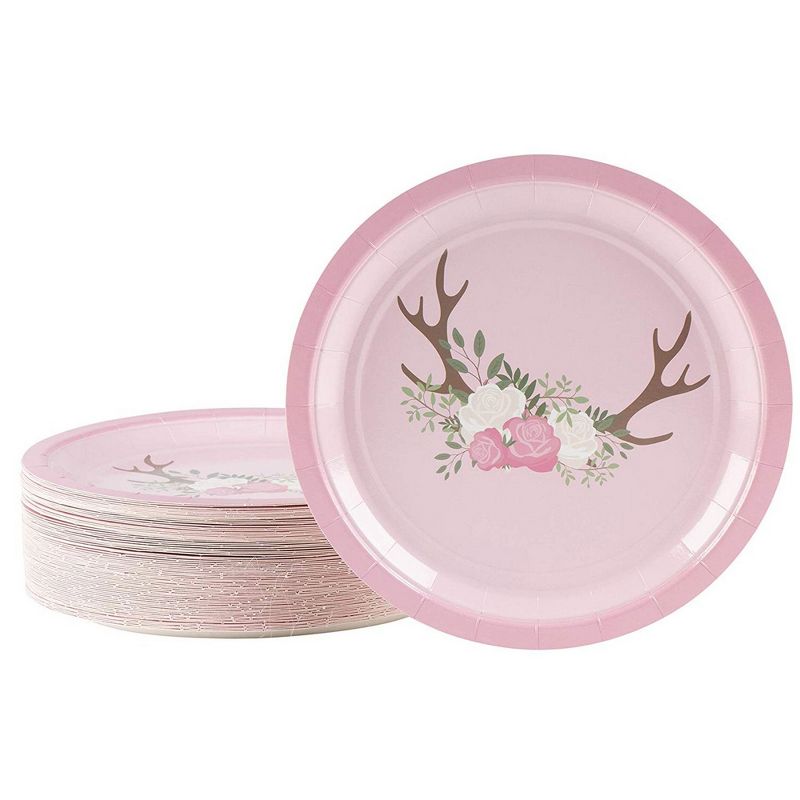 Blue Panda 80-Count Pink Floral Deer Disposable Paper Plates 9" Bridal Baby Shower Party Supplies
