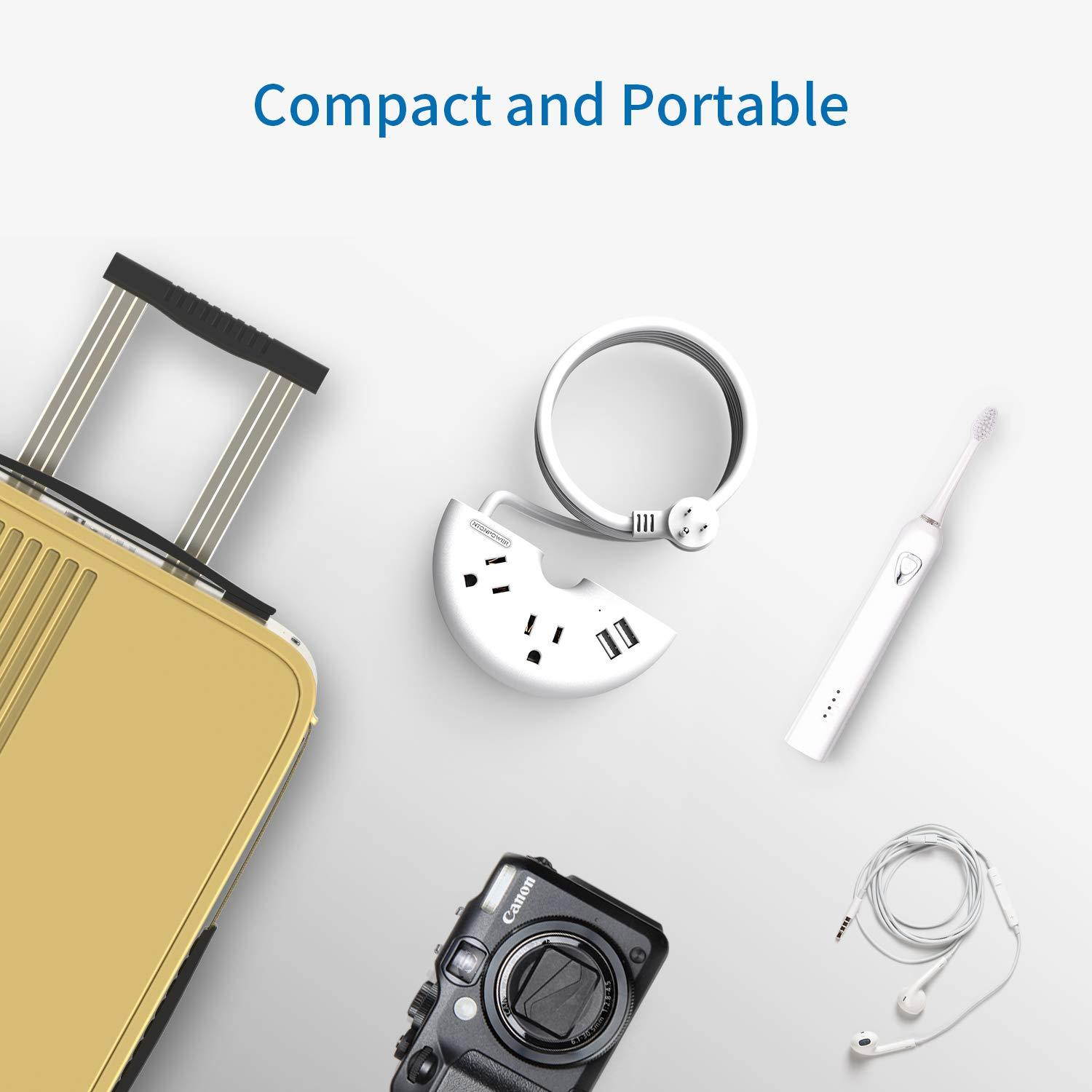 Power Strip Long Cord, with USB/Flat Plug/ 10ft Extension Cord, Mountable Portable Non Surge Protector for Home and Travel, 2 AC Outlets Semicircle - White