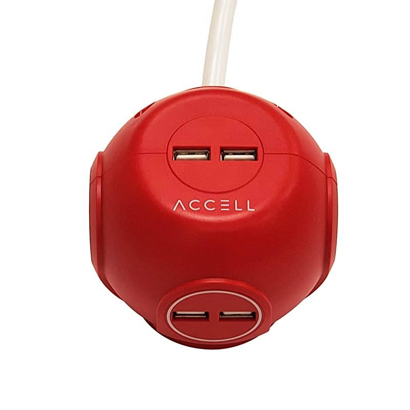 Power Cutie Compact Surge Protector with 3 Tamper Resistant 540J Surge Protected AC outlets and 4 USBA Charging Ports 6ft Cord Red