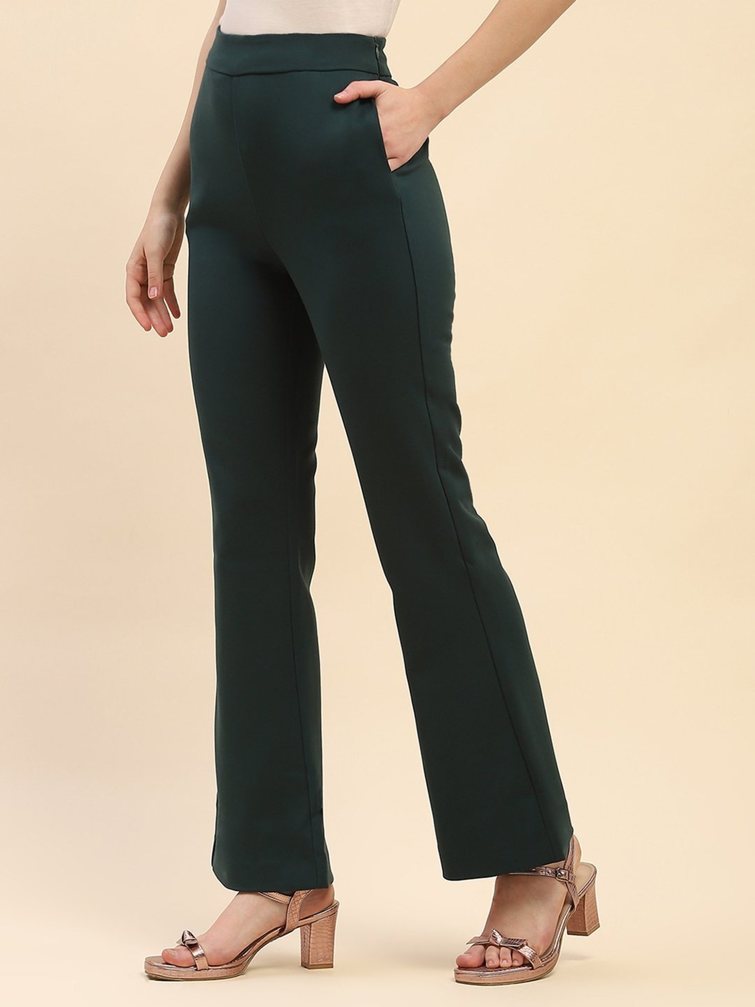 Camla Teal Regular Fit Mid Rise Trousers
