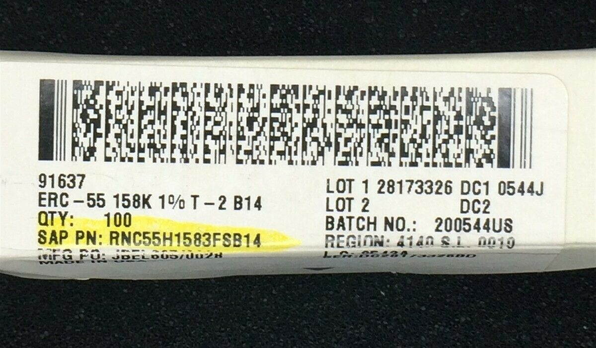 RNC55H1583FSB14 VISHAY RES 158K OHM 1/8W 1% AXIAL 60 PIECES